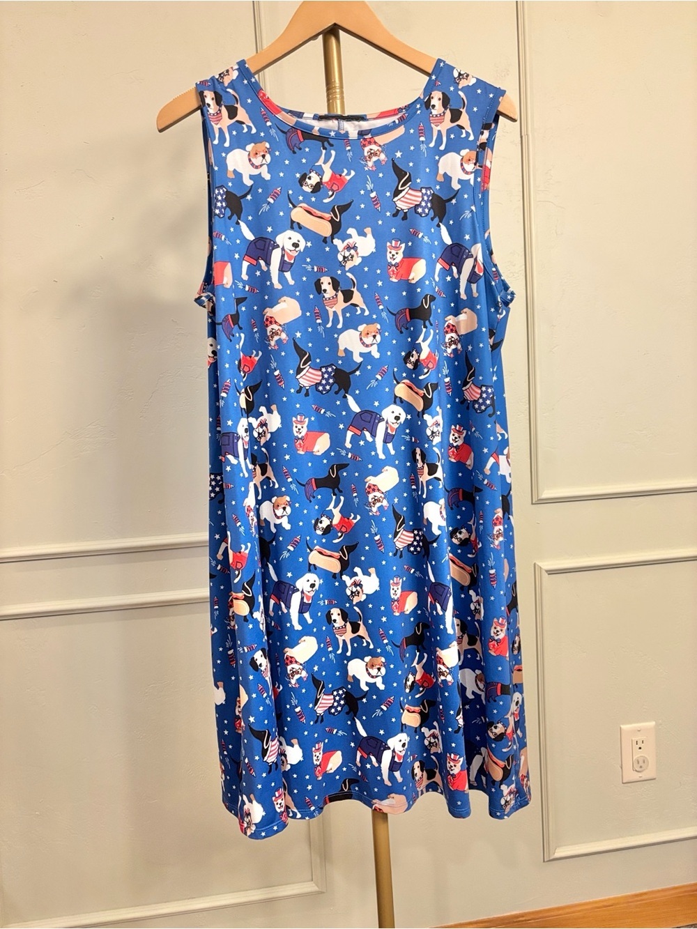 Patriotic 4th of July Dress Festive Sleeveless Dog Print Red white Blue